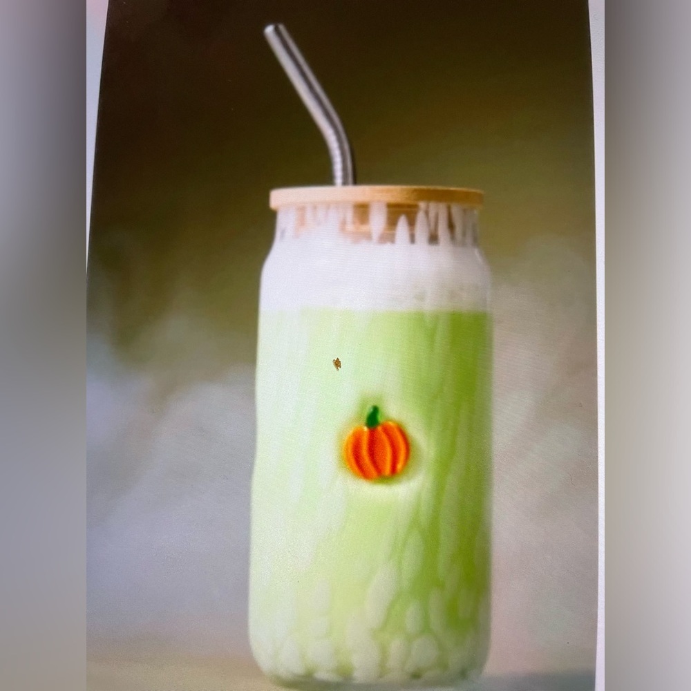 ❤️ ANTHROPOLOGIE MYSTIC CONFETTI PUMPKIN ICON JUICE GLASS TUMBLER WITH LID NEW